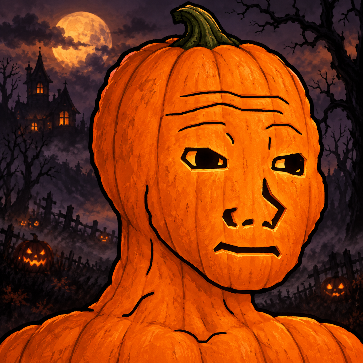 Pumkinjak, an orange pumpkin-headed figure in a haunted pumpkin patch